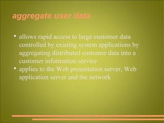 aggregate user data allows rapid access to large customer data controlled by existing system applications by aggregating distributed customer data into a customer information service applies to the Web presentation server, Web application server and the network 