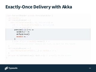 Exactly-Once Delivery with Akka
30
class PersistThenAct extends PersistentActor {
var nextId = 1
def receiveCommand = {
ca...