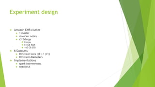 Experiment design
❖ Amazon EMR cluster
❖ 1 master
❖ 4 worker nodes
❖ r3.2xlarge
❖ 8 vcpu
❖ 61 GB RAM
❖ 160 GB SSD
❖ 6 Datasets
❖ Different sizes (|E| / |V|)
❖ Different diameters
❖ Implementations
❖ spark-betweenness
❖ networkX
 