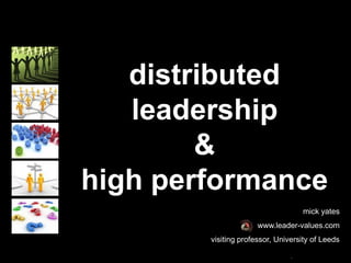 distributed
   leadership
        &
high performance
                                      mick yates
                      www.leader-values.com
        visiting professor, University of Leeds
                                © mick yates 2012 page
                                1
 