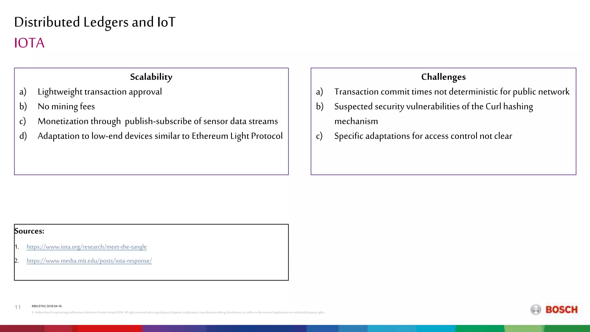 Distributed Ledgers and IoT
RBEI/ETM| 2018-04-16
© RobertBoschEngineeringandBusinessSolutions PrivateLimited2018.All rightsreserved,alsoregardinganydisposal,exploitation,reproduction,editing,distribution,aswell asinthe eventof applicationsforindustrialpropertyrights.
11
IOTA
Scalability
a) Lightweight transaction approval
b) No mining fees
c) Monetization through publish-subscribe of sensor data streams
d) Adaptation to low-end devices similar to Ethereum Light Protocol
Challenges
a) Transaction commit times not deterministic for public network
b) Suspected securityvulnerabilities of the Curlhashing
mechanism
c) Specific adaptations for access control not clear
Sources:
1. https://www.iota.org/research/meet-the-tangle
2. https://www.media.mit.edu/posts/iota-response/
 