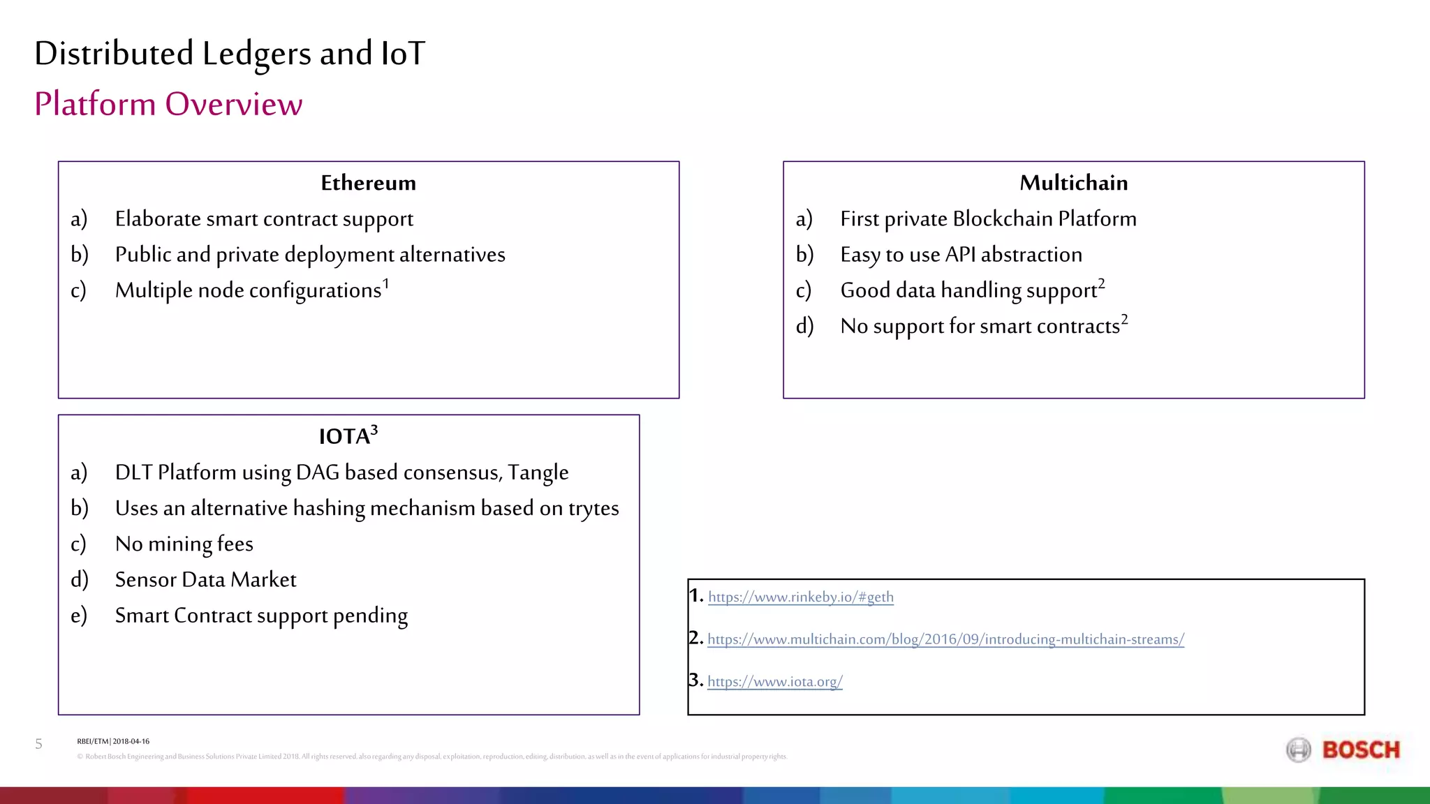 Distributed Ledgers and IoT
RBEI/ETM| 2018-04-16
© RobertBoschEngineeringandBusinessSolutions PrivateLimited2018.All rightsreserved,alsoregardinganydisposal,exploitation,reproduction,editing,distribution,aswell asinthe eventof applicationsforindustrialpropertyrights.
5
Platform Overview
Ethereum
a) Elaborate smart contract support
b) Public and private deployment alternatives
c) Multiple nodeconfigurations1
Multichain
a) First private Blockchain Platform
b) Easy to use API abstraction
c) Good data handlingsupport2
d) No support for smart contracts2
IOTA3
a) DLT Platform usingDAG based consensus, Tangle
b) Uses analternative hashingmechanism based on trytes
c) No miningfees
d) Sensor Data Market
e) Smart Contract support pending
1. https://www.rinkeby.io/#geth
2.https://www.multichain.com/blog/2016/09/introducing-multichain-streams/
3.https://www.iota.org/
 