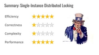 Summary: Single-Instance Distributed Locking
Efficiency
Correctness
Complexity
Performance
 