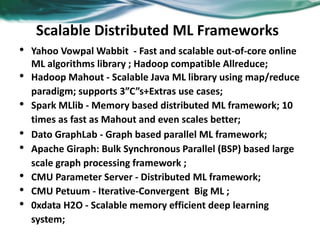 Scalable Distributed ML Frameworks
• Yahoo Vowpal Wabbit - Fast and scalable out-of-core online
ML algorithms library ; Hadoop compatible Allreduce;
• Hadoop Mahout - Scalable Java ML library using map/reduce
paradigm; supports 3”C”s+Extras use cases;
• Spark MLlib - Memory based distributed ML framework; 10
times as fast as Mahout and even scales better;
• Dato GraphLab - Graph based parallel ML framework;
• Apache Giraph: Bulk Synchronous Parallel (BSP) based large
scale graph processing framework ;
• CMU Parameter Server - Distributed ML framework;
• CMU Petuum - Iterative-Convergent Big ML ;
• 0xdata H2O - Scalable memory efficient deep learning
system;
 