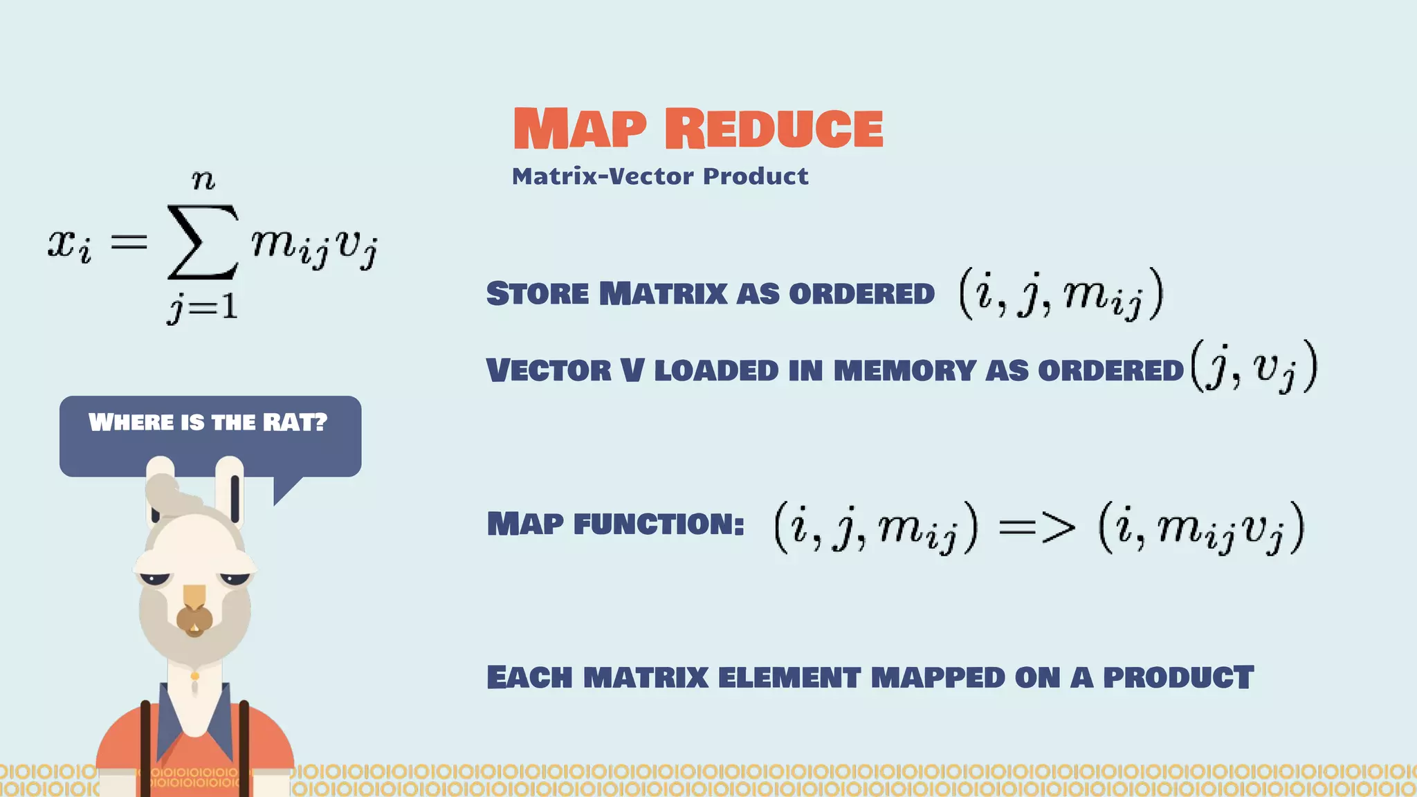 Map Reduce Matrix-Vector Product Where is the RAT? Store Matrix as ordered Vector V loaded in memory as ordered Map function: Each matrix element mapped on a producT 