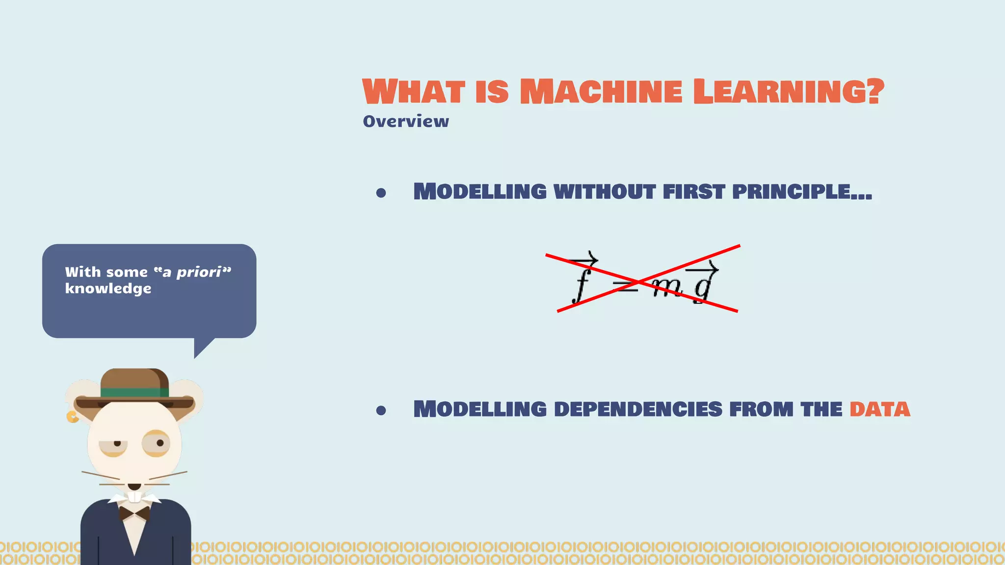 ● Modelling without first principle… ● Modelling dependencies from the data What is Machine Learning? Overview With some “a priori” knowledge 