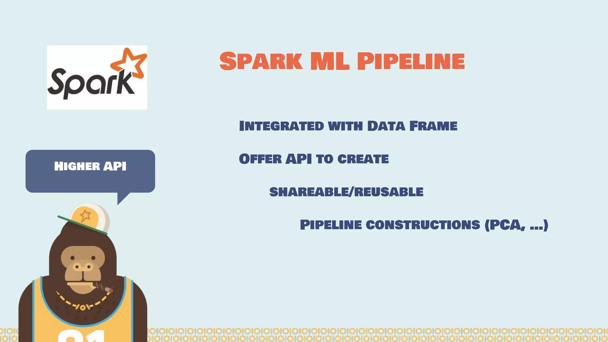 Integrated with Data Frame Offer API to create shareable/reusable Pipeline constructions (PCA, …) Spark ML Pipeline Higher API 