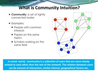 What is Community Intuition?
In social world, community is a collection of users that are more closely
related to each other than the rest of the network. The relation between users
can be amount of interaction, similar interest, geographical factors etc.
 