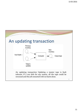 13-05-2016
11
An updating transaction
11
An updating transaction Updating a master tape is fault
tolerant: If a run fails for any reason, all the tape could be
rewound and the job restarted with no harm done.
 