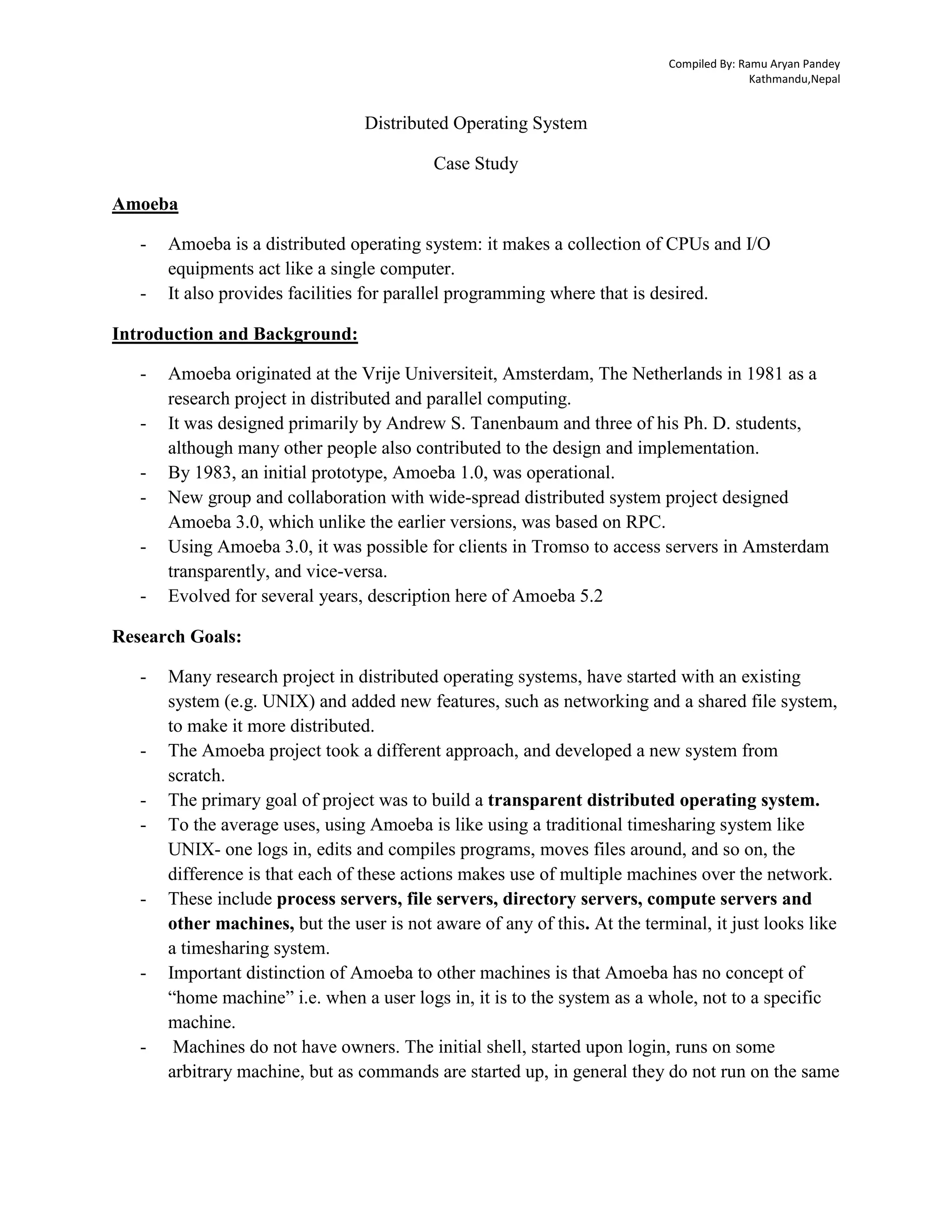 Distributed operating system amoeba case study | PDF