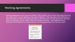 Working Agreements
• Working agreements serve several purposes. They create a set of norms that determine how
the teams want to work together to be most productive. They also allow the facilitators to
hold attendees to these pre-agreed guidelines, and the teams to hold themselves and each
other accountable. And of course, they are refined iteratively – the feedback from a
previous event feeds into an improved set of working agreements for the next event
 