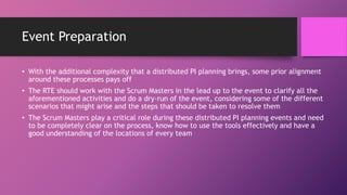 Event Preparation
• With the additional complexity that a distributed PI planning brings, some prior alignment
around these processes pays off
• The RTE should work with the Scrum Masters in the lead up to the event to clarify all the
aforementioned activities and do a dry-run of the event, considering some of the different
scenarios that might arise and the steps that should be taken to resolve them
• The Scrum Masters play a critical role during these distributed PI planning events and need
to be completely clear on the process, know how to use the tools effectively and have a
good understanding of the locations of every team
 