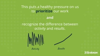This puts a healthy pressure on us
to prioritize our work
and
recognize the diﬀerence between
activity and results.
Activi...