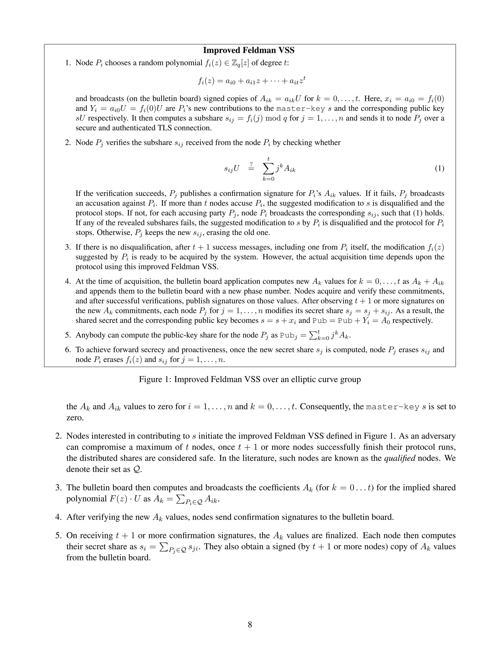 Improved Feldman VSS
  1. Node Pi chooses a random polynomial fi (z) ∈ Zq [z] of degree t:

                                           fi (z) = ai0 + ai1 z + · · · + ait z t

     and broadcasts (on the bulletin board) signed copies of Aik = aik U for k = 0, . . . , t. Here, xi = ai0 = fi (0)
     and Yi = ai0 U = fi (0)U are Pi ’s new contributions to the master-key s and the corresponding public key
     sU respectively. It then computes a subshare sij = fi (j) mod q for j = 1, . . . , n and sends it to node Pj over a
     secure and authenticated TLS connection.
  2. Node Pj veriﬁes the subshare sij received from the node Pi by checking whether
                                                                   t
                                                             ?
                                                    sij U   =          j k Aik                                        (1)
                                                                 k=0

     If the veriﬁcation succeeds, Pj publishes a conﬁrmation signature for Pi ’s Aik values. If it fails, Pj broadcasts
     an accusation against Pi . If more than t nodes accuse Pi , the suggested modiﬁcation to s is disqualiﬁed and the
     protocol stops. If not, for each accusing party Pj , node Pi broadcasts the corresponding sij , such that (1) holds.
     If any of the revealed subshares fails, the suggested modiﬁcation to s by Pi is disqualiﬁed and the protocol for Pi
     stops. Otherwise, Pj keeps the new sij , erasing the old one.
  3. If there is no disqualiﬁcation, after t + 1 success messages, including one from Pi itself, the modiﬁcation fi (z)
     suggested by Pi is ready to be acquired by the system. However, the actual acquisition time depends upon the
     protocol using this improved Feldman VSS.
  4. At the time of acquisition, the bulletin board application computes new Ak values for k = 0, . . . , t as Ak + Aik
     and appends them to the bulletin board with a new phase number. Nodes acquire and verify these commitments,
     and after successful veriﬁcations, publish signatures on those values. After observing t + 1 or more signatures on
     the new Ak commitments, each node Pj for j = 1, . . . , n modiﬁes its secret share sj = sj + sij . As a result, the
     shared secret and the corresponding public key becomes s = s + xi and Pub = Pub + Yi = A0 respectively.
                                                                                    t    k
  5. Anybody can compute the public-key share for the node Pj as Pubj =             k=0 j Ak .

  6. To achieve forward secrecy and proactiveness, once the new secret share sj is computed, node Pj erases sij and
     node Pi erases fi (z) and sij for j = 1, . . . , n.

                         Figure 1: Improved Feldman VSS over an elliptic curve group


   the Ak and Aik values to zero for i = 1, . . . , n and k = 0, . . . , t. Consequently, the master-key s is set to
   zero.

2. Nodes interested in contributing to s initiate the improved Feldman VSS deﬁned in Figure 1. As an adversary
   can compromise a maximum of t nodes, once t + 1 or more nodes successfully ﬁnish their protocol runs,
   the distributed shares are considered safe. In the literature, such nodes are known as the qualiﬁed nodes. We
   denote their set as Q.

3. The bulletin board then computes and broadcasts the coefﬁcients Ak (for k = 0 . . . t) for the implied shared
   polynomial F (z) · U as Ak = Pi ∈Q Aik .

4. After verifying the new Ak values, nodes send conﬁrmation signatures to the bulletin board.

5. On receiving t + 1 or more conﬁrmation signatures, the Ak values are ﬁnalized. Each node then computes
   their secret share as si = Pj ∈Q sji . They also obtain a signed (by t + 1 or more nodes) copy of Ak values
   from the bulletin board.




                                                            8
 
