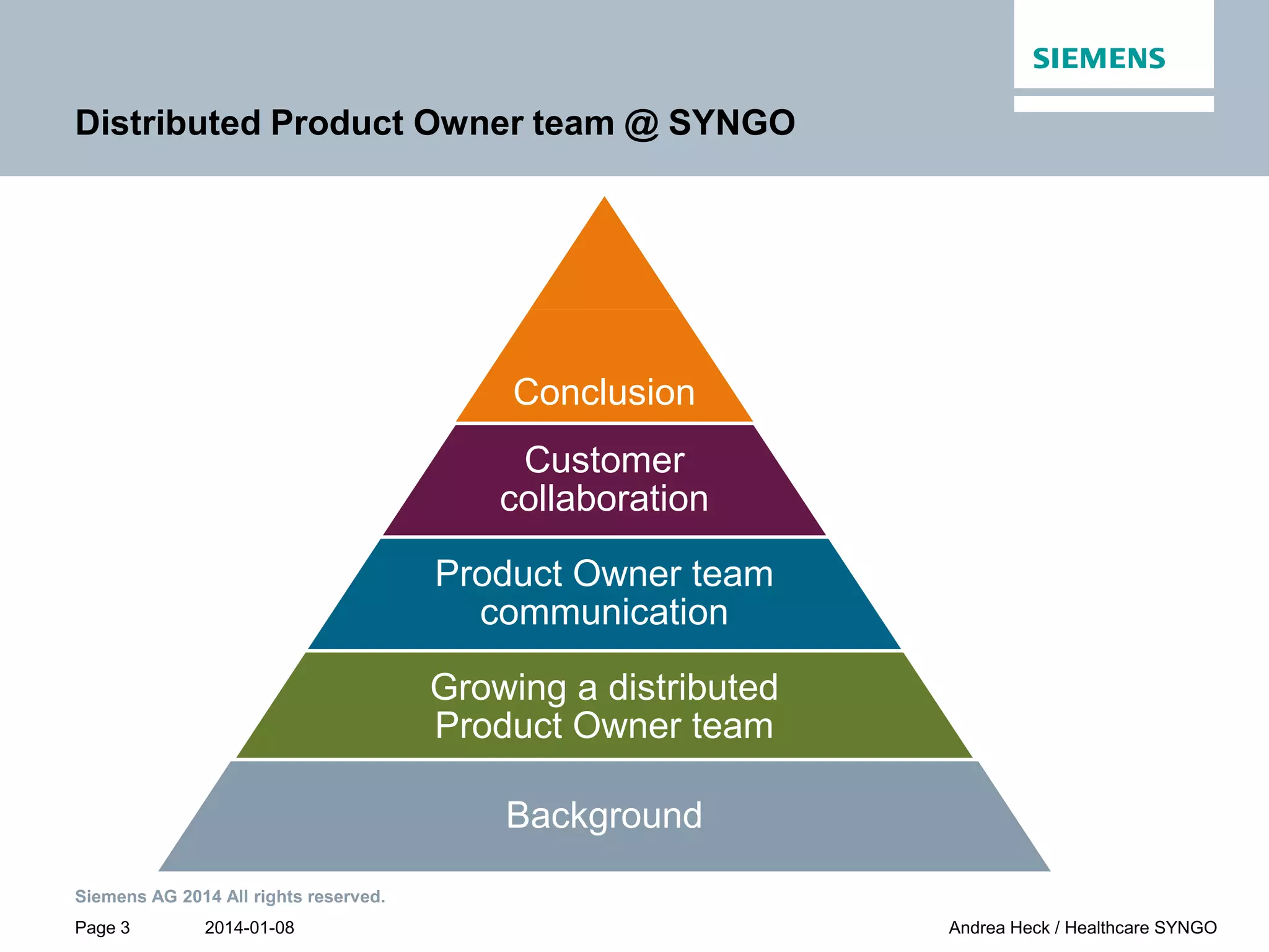 2014-01-08
Siemens AG 2014 All rights reserved.
Page 3 Andrea Heck / Healthcare SYNGO
Distributed Product Owner team @ SYNGO
Conclusion
Customer
collaboration
Product Owner team
communication
Growing a distributed
Product Owner team
Background
 