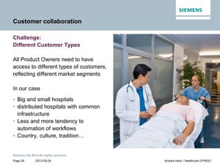 2013-05-24
Siemens AG 2013 All rights reserved.
Page 26 Andrea Heck / Healthcare SYNGO
Customer collaboration
Challenge:
D...