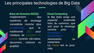 Base de Données NOSQL
implémentent des
systèmes de stockage
considérés comme plus
performants que le
traditionnel SQL pour
l'analyse de données en
masse (orienté clé/valeur,
document, colonne ou
graphe).
Cloud Computing
le Big Data exige une
capacité matérielle
hors du commun, que
soit pour le stockage
comme pour les
ressources
processeurs
nécessaires au
traitement.
Le Cloud est la pour
cela.
Les principales technologies de Big Data
 