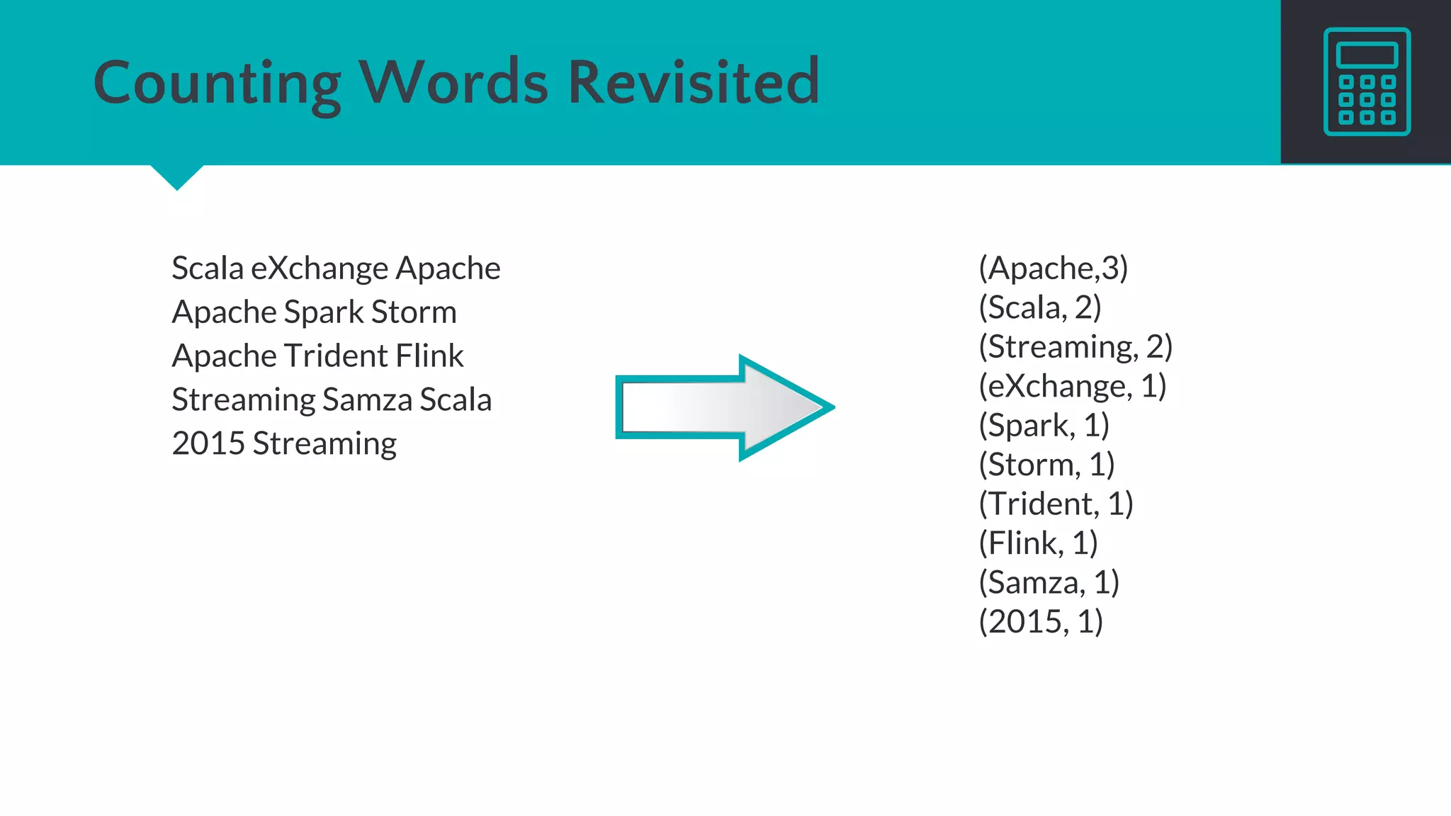 Trident
import storm.trident.operation.builtin.Count;
TridentTopology topology = new TridentTopology();
TridentState wordCounts =
topology.newStream("spout1", spout)
.each(new Fields("sentence"), new Split(), new Fields("word"))
.groupBy(new Fields("word"))
.persistentAggregate(new MemoryMapState.Factory(), new Count(),
new Fields("count"))
.parallelismHint(6);
 