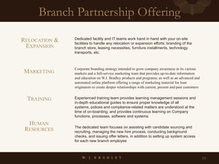 Branch Partnership Offering
10
Dedicated facility and IT teams work hand in hand with your on-site
facilities to handle any relocation or expansion efforts: branding of the
branch store, leasing necessities, furniture installments, technology
transports, etc.
Corporate branding strategy intended to grow company awareness in its various
markets and a full-service marketing team that provides up-to-date information
and education on W.J. Bradley products and programs; as well as an advanced and
automated online platform offering a range of marketing material for loan
originators to create deeper relationships with current, present and past customers
Experienced training team provides learning management sessions and
in-depth educational guides to ensure proper knowledge of all
systems, polices and compliance-related matters are understood at the
time of on-boarding; and provides continuous learning on Company
functions, processes, software and systems
The dedicated team focuses on assisting with candidate sourcing and
recruiting, managing the new hire process, conducting background
checks, and issuing offer letters, in addition to setting up system access
for each new branch employee
MARKETING
RELOCATION &
EXPANSION
TRAINING
HUMAN
RESOURCES
 