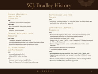 2002
• Founded as an investment-holding firm
2003-2004
• Built consolidation strategy and platform
2005-2006
• Made first five acquisitions
2007-2008
• Centralized operations in Salt Lake City
• Restructured amidst mortgage crisis and shed significant volume
• Shifted from acquisition strategy to partnership model
2009
• Increased headcount by 250%
• Achieved $1.15 billion in volume
2010
• Increased volume to more than $2 billion
• Began development of horizontally integrated strategy
W.J. Bradley History
6
BUILDING A FOUNDATION
THROUGH BROAD
PERSPECTIVE
EVOLVING ADAPTABILITY AND
RESILIENCE
FOCUSED ON GROWTH
AND PROFITABILITY
COMMITMENT TO OPERATIONAL
EXCELLENCE
POSITIONING FOR LONG-TERM
GROWTH
2011
• Focused on executing strategies for long-term growth, including Fannie Mae
and Freddie Mac seller/servicer approvals
2012
• Welcomed 130 employees from Emery Financial (now the Emery Team),
contributing to an increase of $1 billion in annual production
• More than doubled in volume to $6.5 billion
• Ranked as no. 24 among Top 250 Private Companies of Colorado (as reported
by ColoradoBiz Magazine)
• Entered mortgage-securities sector; established dedicated broker-dealer
subsidiary
• Received Ginnie Mae seller/servicer approval
• Celebrated 10 years in business
2013
• Welcomed more than 300 employees from Legacy Group Lending (now
Legacy Group) contributing to an increase in more than $1 billion in annual
production
• Actively securing additional new partnerships in new and existing markets
• Projected to reach $8 billion in volume by year-end
 
