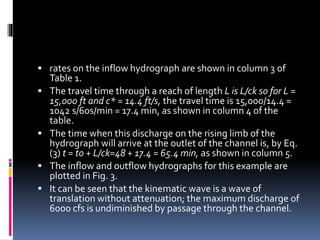  rates on the inflow hydrograph are shown in column 3 of
Table 1.
 The travel time through a reach of length L is L/ck so for L =
15,000 ft and c* = 14.4 ft/s, the travel time is 15,000/14.4 =
1042 s/60s/min = 17.4 min, as shown in column 4 of the
table.
 The time when this discharge on the rising limb of the
hydrograph will arrive at the outlet of the channel is, by Eq.
(3) t = to + L/ck=48 + 17.4 = 65.4 min, as shown in column 5.
 The inflow and outflow hydrographs for this example are
plotted in Fig. 3.
 It can be seen that the kinematic wave is a wave of
translation without attenuation; the maximum discharge of
6000 cfs is undiminished by passage through the channel.
 