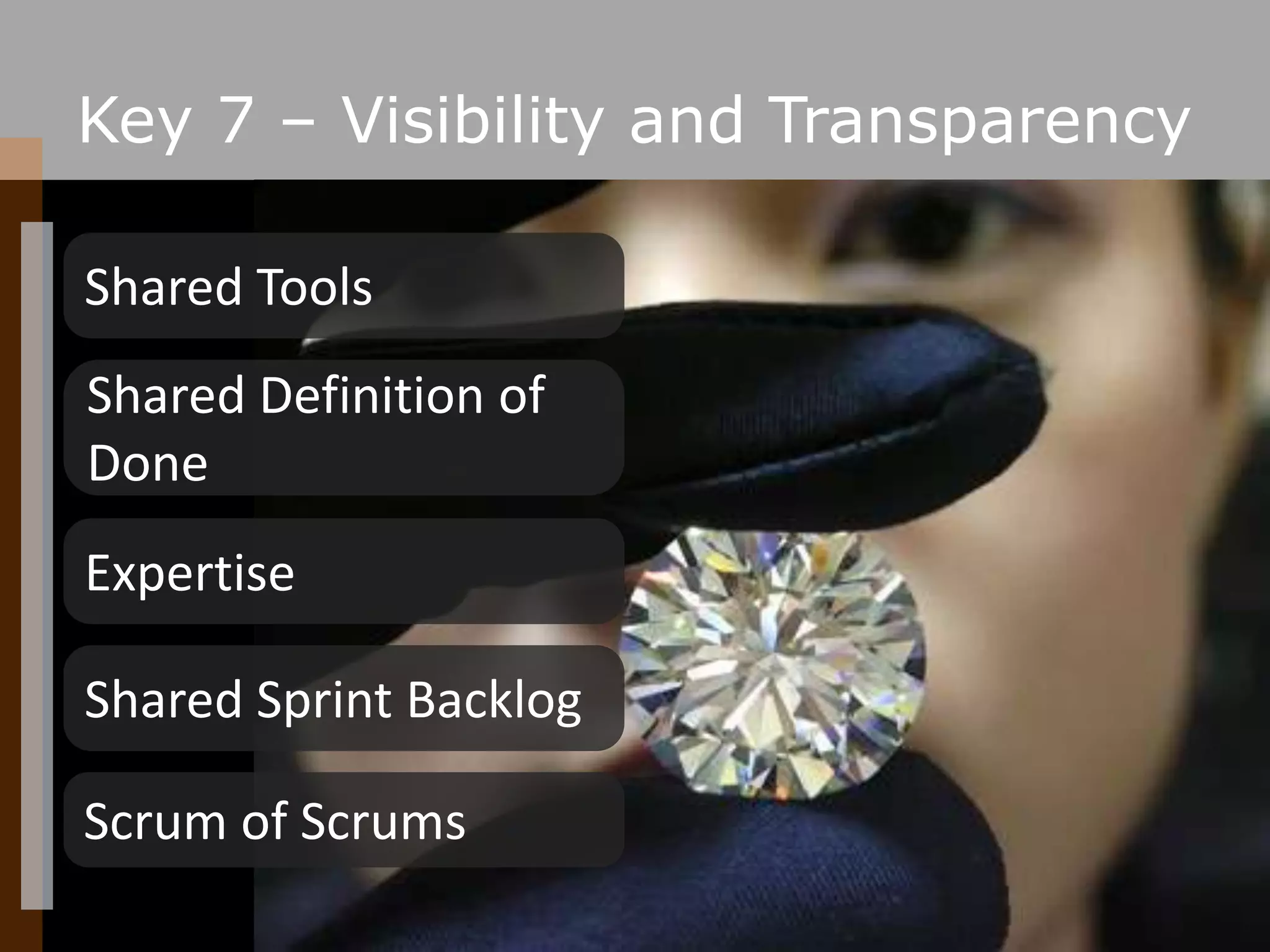Key 7 – Visibility and TransparencyShared ToolsShared Definition of DoneExpertiseShared Sprint BacklogScrum of Scrums