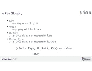 6
A Riak Glossary
• Key
... any sequence of bytes
• Value
... any opaque blob of data
• Bucket
... an organizing namespace for keys
• Bucket Type
... an organizing namespace for buckets
{{BucketType, Bucket}, Key} -> Value
"BKey"
 