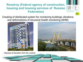 Rosstroy (Federal agency of construction,
housing and housing services of Russian
Federation)
Creating of distributed system for monitoring buildings vibrations
and deformations of structural health monitoring (SHM)

Sensors of deviation from the vertical

 