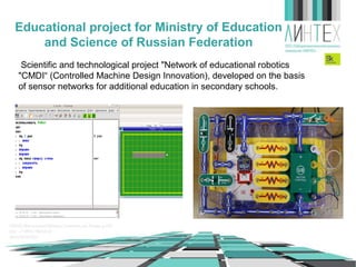 Educational project for Ministry of Education
and Science of Russian Federation
Scientific and technological project "Network of educational robotics
"CMDI“ (Controlled Machine Design Innovation), developed on the basis
of sensor networks for additional education in secondary schools.

 