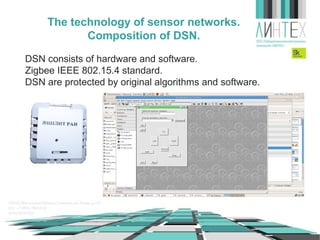 The technology of sensor networks.
Composition of WSN.
DSN consists of hardware and software.
Zigbee IEEE 802.15.4 standard.
WSN are protected by original algorithms and software.

 