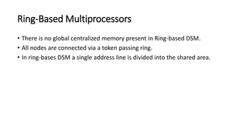 Ring-Based Multiprocessors
• There is no global centralized memory present in Ring-based DSM.
• All nodes are connected via a token passing ring.
• In ring-bases DSM a single address line is divided into the shared area.
 