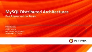 © 2019 Percona.
1
Peter Zaitsev
MySQL Distributed Architectures
Past Present and the Future
CEO, Percona
Distributed SQL Summit
September 20, 2019
 