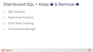33© 2019 All rights reserved.
Distributed SQL = Keep 😍 & Remove 😡
1. SQL Features
2. Replication Protocol
3. Clock Skew Tracking
4. Transactions Manager
 