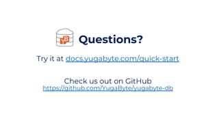 55© 2019 All rights reserved.
Questions?
Try it at docs.yugabyte.com/quick-start
Check us out on GitHub
https://github.com/YugaByte/yugabyte-db
 