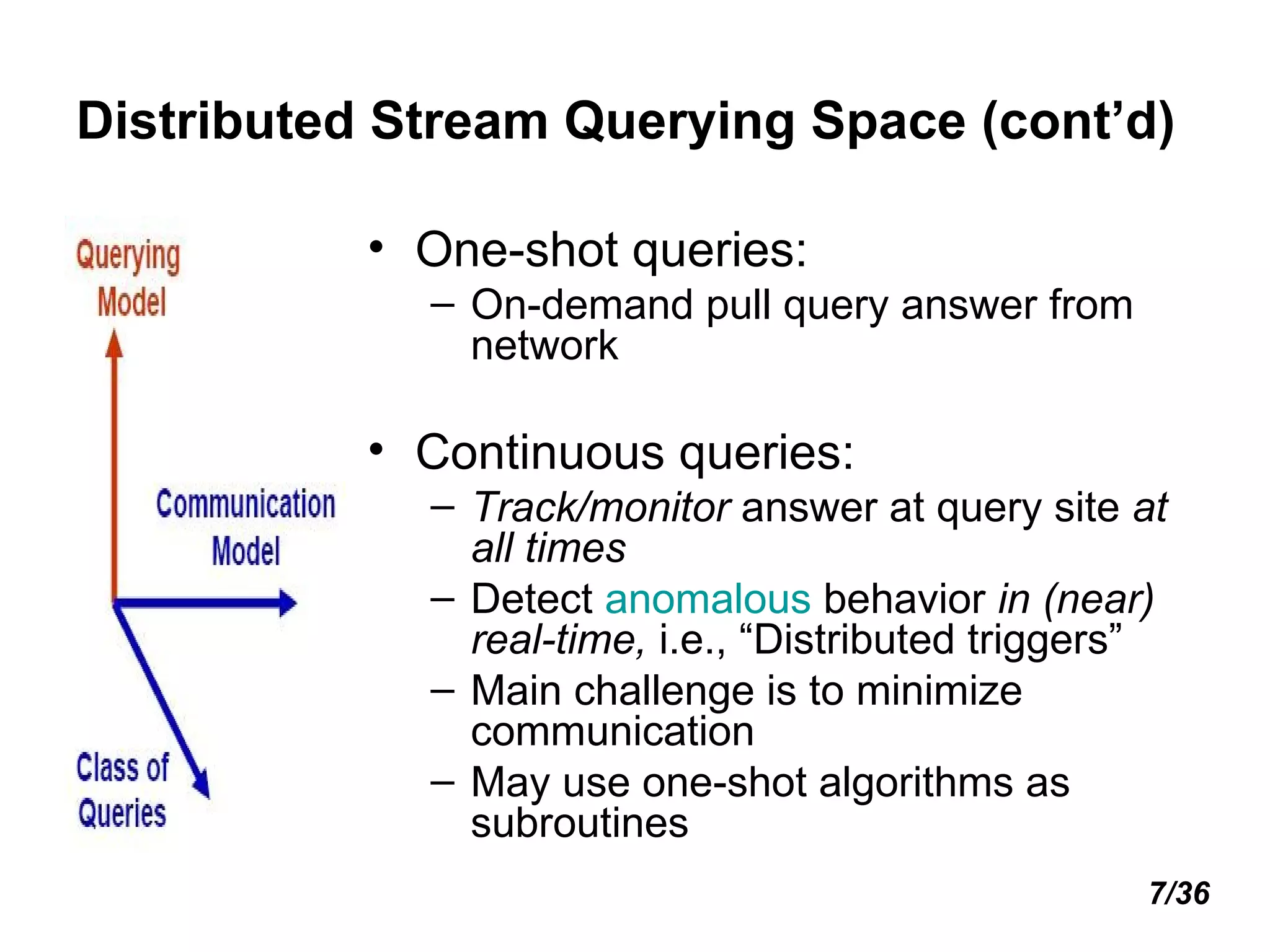 Distributed Stream Querying Space (cont’d) One-shot queries:  On-demand pull query answer from network Continuous queries:  Track/monitor  answer at query site  at all times Detect  anomalous  behavior  in (near) real-time,  i.e., “Distributed triggers” Main challenge is to minimize communication May use one-shot algorithms as subroutines 7/36 
