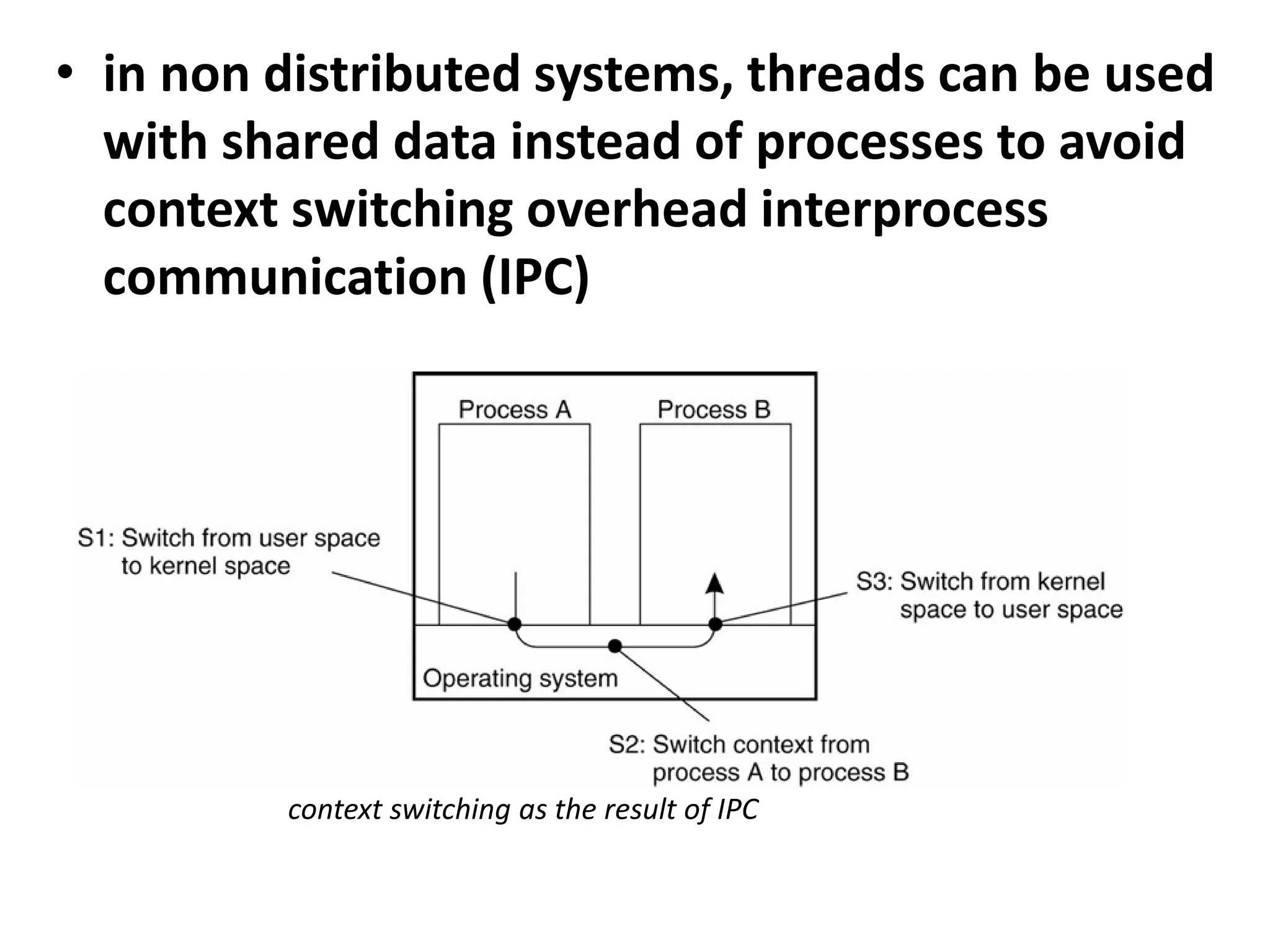 • in non distributed systems, threads can be used
with shared data instead of processes to avoid
context switching overhead interprocess
communication (IPC)
context switching as the result of IPC
 
