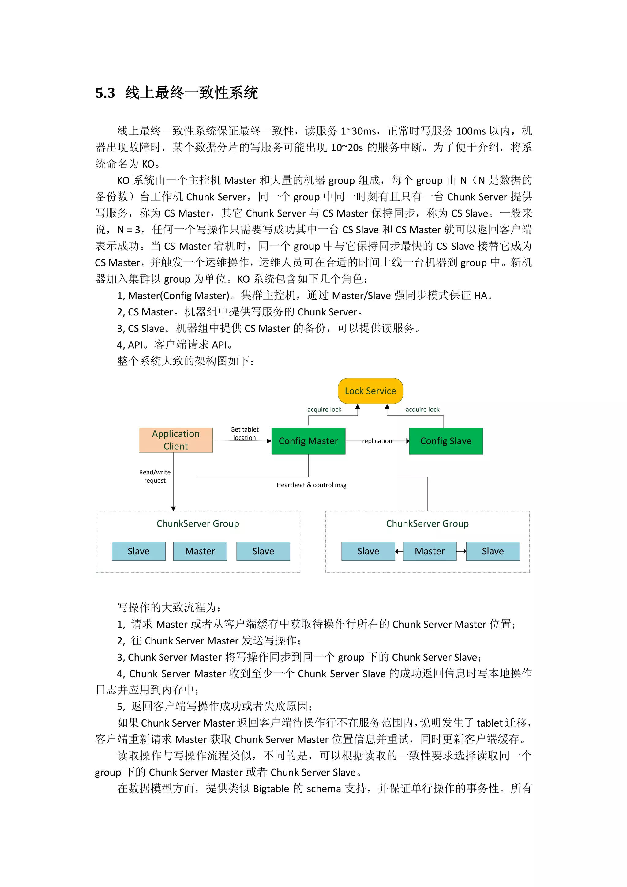 5.3 线上最终一致性系统
线上最终一致性系统保证最终一致性，读服务 1~30ms，正常时写服务 100ms 以内，机
器出现故障时，某个数据分片的写服务可能出现 10~20s 的服务中断。为了便于介绍，将系
统命名为 KO。
KO 系统由一个主控机 Master 和大量的机器 group 组成，每个 group 由 N（N 是数据的
备份数）台工作机 Chunk Server，同一个 group 中同一时刻有且只有一台 Chunk Server 提供
写服务，称为 CS Master，其它 Chunk Server 与 CS Master 保持同步，称为 CS Slave。一般来
说，N = 3，任何一个写操作只需要写成功其中一台 CS Slave 和 CS Master 就可以返回客户端
表示成功。当 CS Master 宕机时，同一个 group 中与它保持同步最快的 CS Slave 接替它成为
CS Master，并触发一个运维操作，运维人员可在合适的时间上线一台机器到 group 中。新机
器加入集群以 group 为单位。KO 系统包含如下几个角色：
1, Master(Config Master)。集群主控机，通过 Master/Slave 强同步模式保证 HA。
2, CS Master。机器组中提供写服务的 Chunk Server。
3, CS Slave。机器组中提供 CS Master 的备份，可以提供读服务。
4, API。客户端请求 API。
整个系统大致的架构图如下：
acquire lockacquire lock
Application
Client
Lock Service
Master SlaveSlave
ChunkServer Group
Master SlaveSlave
ChunkServer Group
Config Master Config Slavereplication
Get tablet
location
Read/write
request
Heartbeat & control msg
写操作的大致流程为：
1, 请求 Master 或者从客户端缓存中获取待操作行所在的 Chunk Server Master 位置；
2, 往 Chunk Server Master 发送写操作；
3, Chunk Server Master 将写操作同步到同一个 group 下的 Chunk Server Slave；
4, Chunk Server Master 收到至少一个 Chunk Server Slave 的成功返回信息时写本地操作
日志并应用到内存中；
5, 返回客户端写操作成功或者失败原因；
如果 Chunk Server Master 返回客户端待操作行不在服务范围内，说明发生了 tablet 迁移，
客户端重新请求 Master 获取 Chunk Server Master 位置信息并重试，同时更新客户端缓存。
读取操作与写操作流程类似，不同的是，可以根据读取的一致性要求选择读取同一个
group 下的 Chunk Server Master 或者 Chunk Server Slave。
在数据模型方面，提供类似 Bigtable 的 schema 支持，并保证单行操作的事务性。所有
 