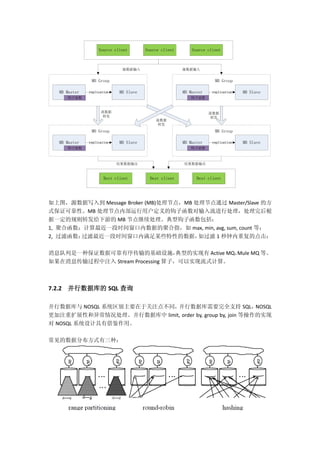 MB Master MB Slavereplication
MB Group
MB Master MB Slavereplication
MB Group
MB Master MB Slavereplication
MB Group
MB Master MB Slavereplication
MB Group
流数据
转发
流数据
转发
流数据
转发
钩子函数 钩子函数
钩子函数 钩子函数
Source client Source client Source client
源数据输入 源数据输入
Dest client Dest client Dest client
结果数据输出 结果数据输出
如上图，源数据写入到 Message Broker (MB)处理节点，MB 处理节点通过 Master/Slave 的方
式保证可靠性。MB 处理节点内部运行用户定义的钩子函数对输入流进行处理，处理完后根
据一定的规则转发给下游的 MB 节点继续处理。典型钩子函数包括：
1, 聚合函数：计算最近一段时间窗口内数据的聚合指，如 max, min, avg, sum, count 等；
2, 过滤函数：过滤最近一段时间窗口内满足某些特性的数据，如过滤 1 秒钟内重复的点击；
消息队列是一种保证数据可靠有序传输的基础设施，典型的实现有 Active MQ，Mule MQ 等。
如果在消息传输过程中注入 Stream Processing 算子，可以实现流式计算。
7.2.2 并行数据库的 SQL 查询
并行数据库与 NOSQL 系统区别主要在于关注点不同，并行数据库需要完全支持 SQL，NOSQL
更加注重扩展性和异常情况处理。并行数据库中 limit, order by, group by, join 等操作的实现
对 NOSQL 系统设计具有借鉴作用。
常见的数据分布方式有三种：
 
