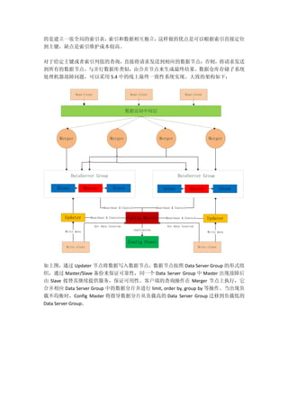 的是建立一张全局的索引表，索引和数据相互独立，这样做的优点是可以根据索引直接定位
到主键，缺点是索引维护成本较高。
对于给定主键或者索引列值的查询，直接将请求发送到相应的数据节点；否则，将请求发送
到所有的数据节点。与并行数据库类似，由合并节点来生成最终结果。数据仓库存储子系统
处理机器故障问题，可以采用 5.4 中的线上最终一致性系统实现。大致的架构如下：
Master SlaveSlave
DataServer Group
Master SlaveSlave
DataServer Group
Merger MergerMergerMerger
数据访问中间层
Read client Read client Read client
Config MasterUpdater Updater
Config Slave
replication
Heartbeat & Control
Write client Write client
Heartbeat & Control
Write data Write data
Get data locationGet data location
Heartbeat & Control
Heartbeat & Control
如上图，通过 Updater 节点将数据写入数据节点，数据节点按照 Data Server Group 的形式组
织，通过 Master/Slave 备份来保证可靠性，同一个 Data Server Group 中 Master 出现故障后
由 Slave 接替其继续提供服务，保证可用性。客户端的查询操作在 Merger 节点上执行，它
合并相应 Data Server Group 中的数据分片并进行 limit, order by, group by 等操作。当出现负
载不均衡时，Config Master 将指导数据分片从负载高的 Data Server Group 迁移到负载低的
Data Server Group。
 