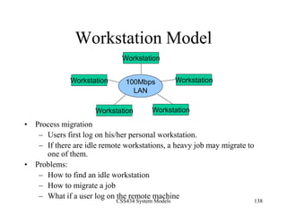 CSS434 System Models 138
Workstation Model
• Process migration
– Users first log on his/her personal workstation.
– If there are idle remote workstations, a heavy job may migrate to
one of them.
• Problems:
– How to find an idle workstation
– How to migrate a job
– What if a user log on the remote machine
100Mbps
LAN
Workstation
Workstation Workstation
Workstation
Workstation
 