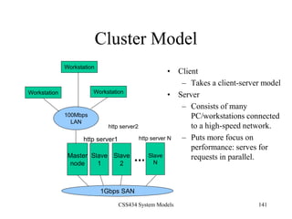 CSS434 System Models 141
Cluster Model
• Client
– Takes a client-server model
• Server
– Consists of many
PC/workstations connected
to a high-speed network.
– Puts more focus on
performance: serves for
requests in parallel.
100Mbps
LAN
Workstation
Workstation Workstation
Master
node
Slave
1
Slave
N
Slave
2
1Gbps SAN
http server1
http server2
http server N
 