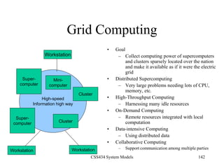 CSS434 System Models 142
High-speed
Information high way
Grid Computing
• Goal
– Collect computing power of supercomputers
and clusters sparsely located over the nation
and make it available as if it were the electric
grid
• Distributed Supercomputing
– Very large problems needing lots of CPU,
memory, etc.
• High-Throughput Computing
– Harnessing many idle resources
• On-Demand Computing
– Remote resources integrated with local
computation
• Data-intensive Computing
– Using distributed data
• Collaborative Computing
– Support communication among multiple parties
Super-
computer
Cluster
Super-
computer Cluster
Mini-
computer
Workstation
Workstation Workstation
 