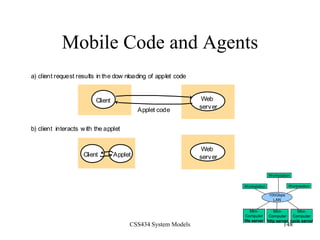 CSS434 System Models 148
Mobile Code and Agents
a) client request results in the dow nloading of applet code
Web
server
Client
Web
server
Applet
Applet code
Client
b) client interacts with the applet
100Gbps
LAN
Workstation
Workstation Workstation
Mini-
Computer
file server
Mini-
Computer
http server
Mini-
Computer
cycle server
 