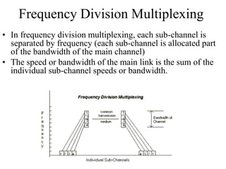 Frequency Division Multiplexing
• In frequency division multiplexing, each sub-channel is
separated by frequency (each sub-channel is allocated part
of the bandwidth of the main channel)
• The speed or bandwidth of the main link is the sum of the
individual sub-channel speeds or bandwidth.
 