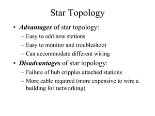 Star Topology
• Advantages of star topology:
– Easy to add new stations
– Easy to monitor and troubleshoot
– Can accommodate different wiring
• Disadvantages of star topology:
– Failure of hub cripples attached stations
– More cable required (more expensive to wire a
building for networking)
 