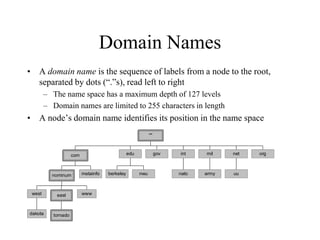 Domain Names
• A domain name is the sequence of labels from a node to the root,
separated by dots (“.”s), read left to right
– The name space has a maximum depth of 127 levels
– Domain names are limited to 255 characters in length
• A node’s domain name identifies its position in the name space
dakota
west
tornado
east www
nominum metainfo
com
berkeley nwu
edu gov
nato
int
army
mil
uu
net org
""
 