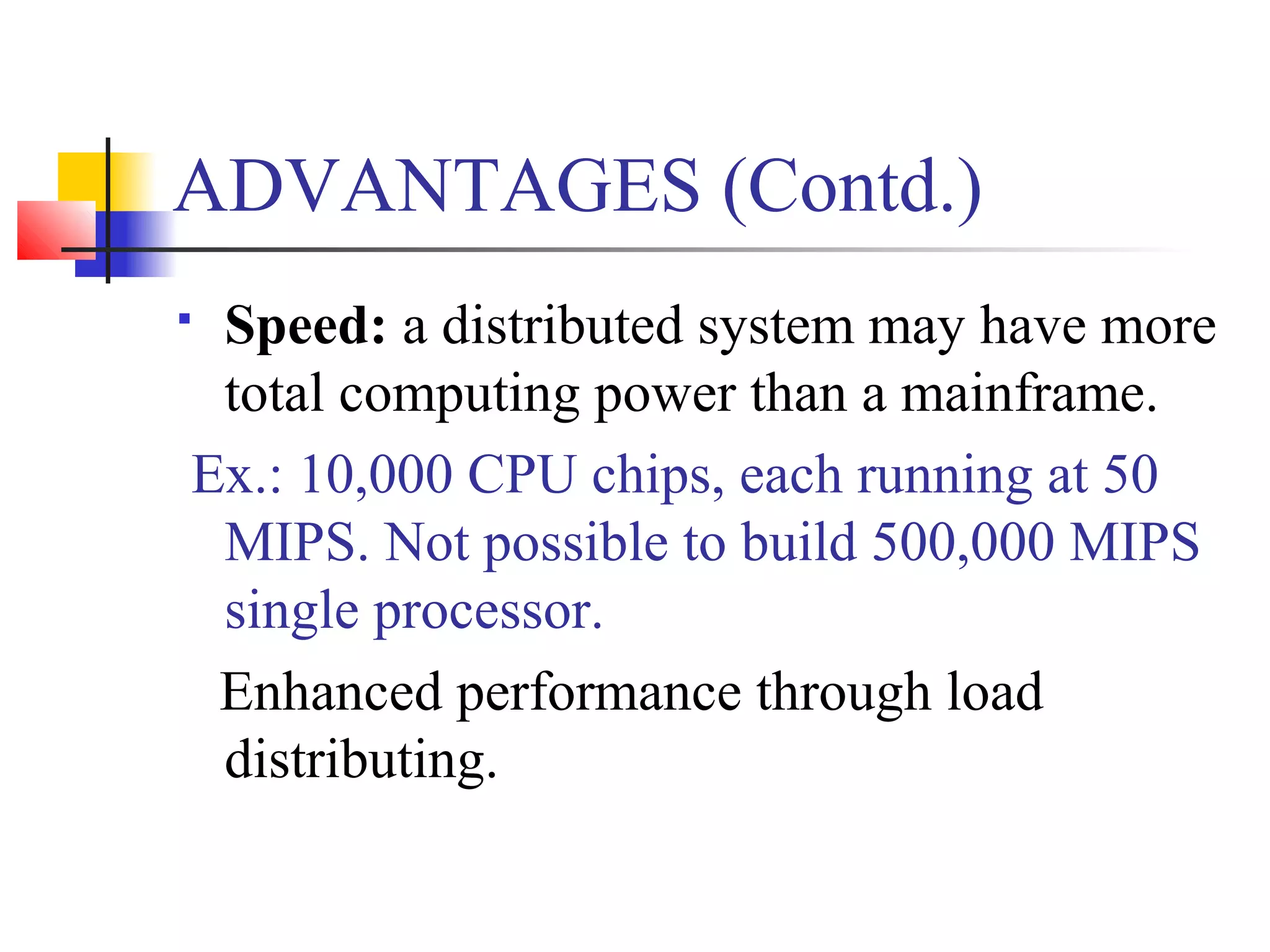 ADVANTAGES (Contd.)
 Speed: a distributed system may have more
total computing power than a mainframe.
Ex.: 10,000 CPU chips, each running at 50
MIPS. Not possible to build 500,000 MIPS
single processor.
Enhanced performance through load
distributing.
 