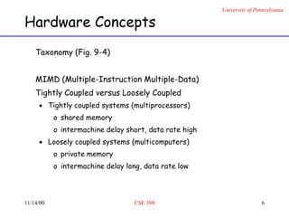 University of Pennsylvania
11/14/00 CSE 380 6
Hardware Concepts
Taxonomy (Fig. 9-4)
MIMD (Multiple-Instruction Multiple-Data)
Tightly Coupled versus Loosely Coupled
 Tightly coupled systems (multiprocessors)
o shared memory
o intermachine delay short, data rate high
 Loosely coupled systems (multicomputers)
o private memory
o intermachine delay long, data rate low
 