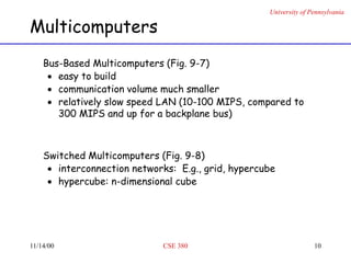 University of Pennsylvania
11/14/00 CSE 380 10
Multicomputers
Bus-Based Multicomputers (Fig. 9-7)
 easy to build
 communication volume much smaller
 relatively slow speed LAN (10-100 MIPS, compared to
300 MIPS and up for a backplane bus)
Switched Multicomputers (Fig. 9-8)
 interconnection networks: E.g., grid, hypercube
 hypercube: n-dimensional cube
 