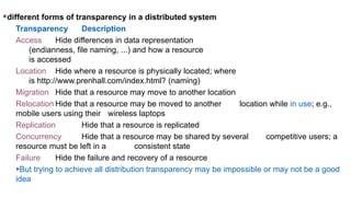 different forms of transparency in a distributed system
Transparency Description
Access Hide differences in data representation
(endianness, file naming, ...) and how a resource
is accessed
Location Hide where a resource is physically located; where
is http://www.prenhall.com/index.html? (naming)
Migration Hide that a resource may move to another location
Relocation Hide that a resource may be moved to another location while in use; e.g.,
mobile users using their wireless laptops
Replication Hide that a resource is replicated
Concurrency Hide that a resource may be shared by several competitive users; a
resource must be left in a consistent state
Failure Hide the failure and recovery of a resource
But trying to achieve all distribution transparency may be impossible or may not be a good
idea
 